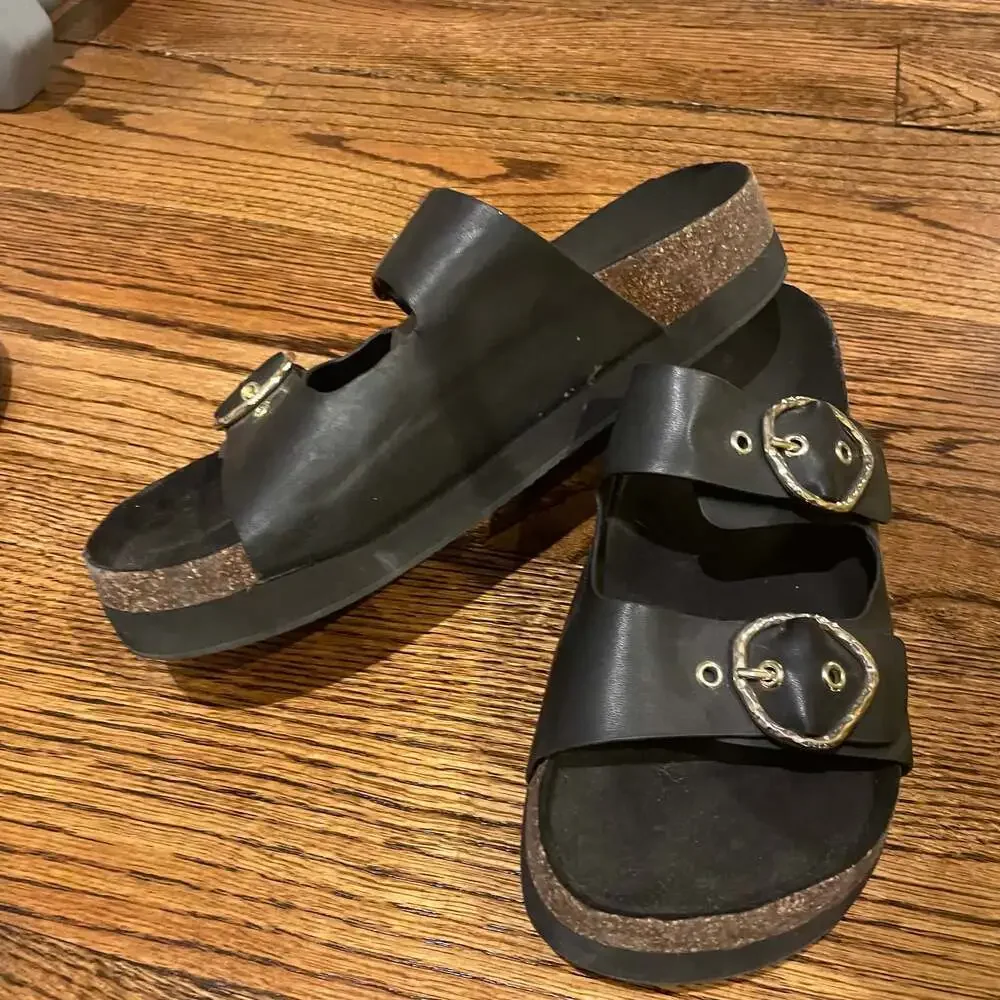 Zara Basics Black Two-Strap Platform Slide Sandals with Gold Buckles - Picture 1 of 5